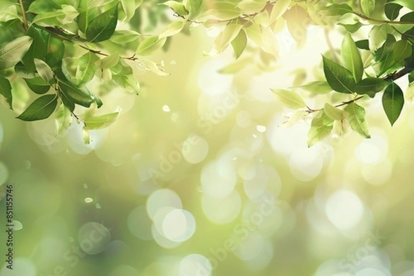 Fototapeta Spring background with green leaves and sunlight, banner template for nature concept. Close up of fresh leaves on blurred bokeh light pastel background.
