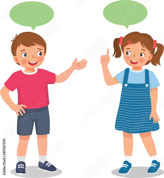 Fototapeta Cute little kids boy and girl talking having conversation with each others with speech bubbles