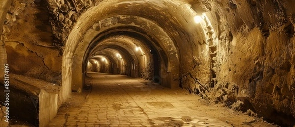 Fototapeta A tunnel cut through solid limestone, featuring arched ceilings and walls, creating a captivating atmosphere of ancient architectural marvels and geological wonder