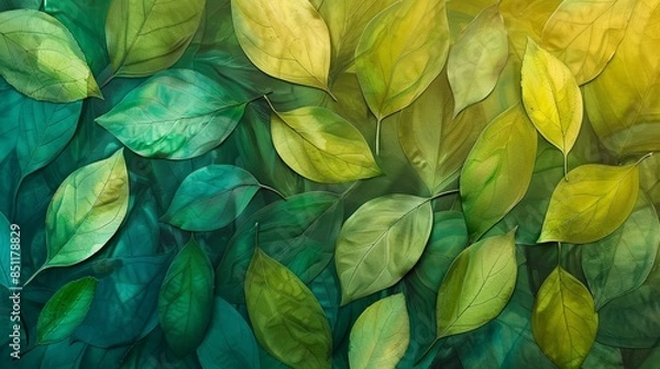 Fototapeta Abstract background of green and yellow leaves with a textured, painterly effect.  Perfect for nature, autumn, or botanical themed designs.