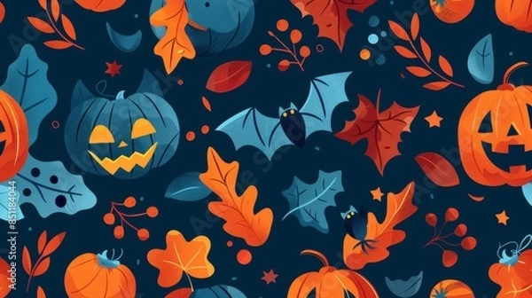 Fototapeta Flat design of holiday-themed elements like pumpkins and bats in a seamless pattern for a festive look.