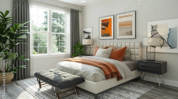 Fototapeta Modern Bedroom Interior Design with Large Windows