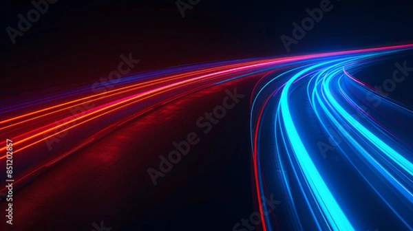 Obraz Abstract motion blur light trail background, blue and red neon color on black night sky for speed effect in highway road tunnel or cityscape with futuristic concept of technology