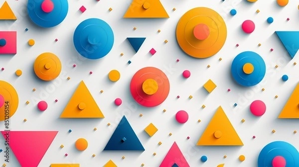 Fototapeta A playful abstract background with a mix of triangles, circles, and squares in bright primary colors, scattered randomly across a white backdrop, giving a sense of energy and fun. Abstract