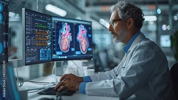 Fototapeta A doctor using AI software to analyze a patient's heart scan, providing real-time diagnostics, isolated on a white background. 