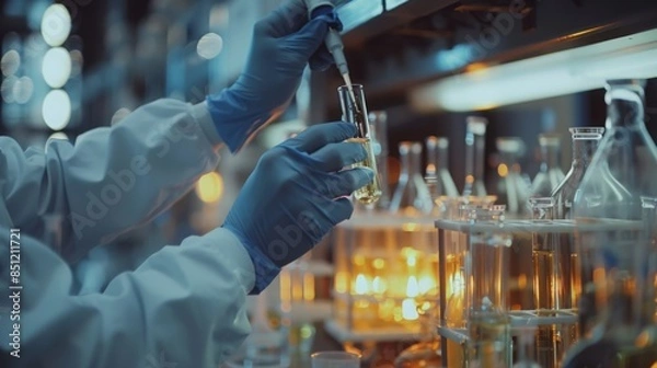 Fototapeta Close-up of scientists' hands making medicine in a modern lab with high-tech equipment and soft white lighting, showcasing research innovation atmosphere.