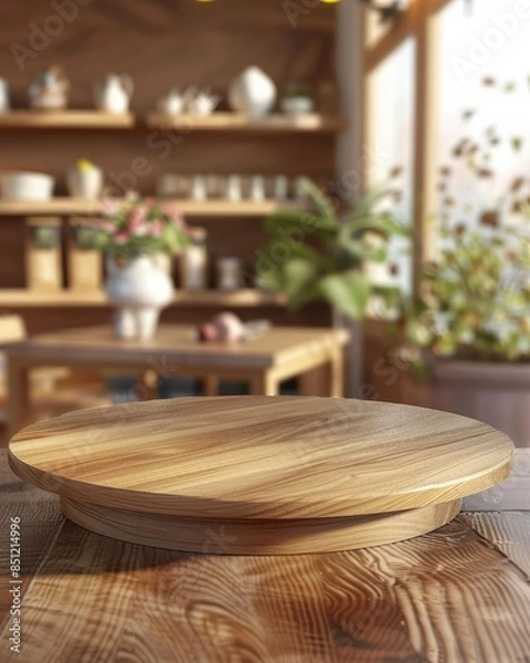 Fototapeta Wooden podium on wooden platform 3d illustration, wooden base for product display stand, cafe room and blurred background, cafe room view - generative ai