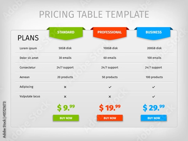 Fototapeta Colorful comparison pricing table template