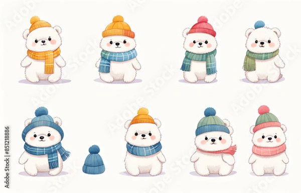 Fototapeta Cartoon polar bears wearing hats and necklaces,litele bears ,Duoge Comics. Multi grid emoticons, multiple animal avatars and expressions
