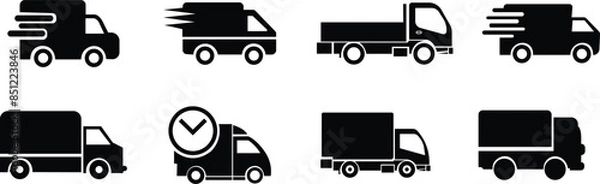 Fototapeta Set of Fast moving shipping delivery truck fill icons for transportation app and websites isolated on transparent background. Service truck, road transport symbols. Track and trace processing status.