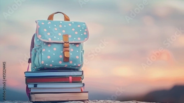 Fototapeta Back-to-school concept with a stylish polka-dot backpack and textbooks against a soft, sunrise-colored backdrop