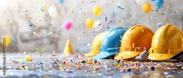 Fototapeta A group of construction helmets are scattered on a table covered in confetti