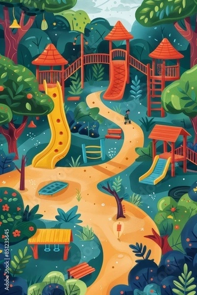 Fototapeta A cartoon drawing of a playground with a yellow slide and a red one