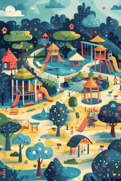 Fototapeta A colorful drawing of a park with a lot of trees and playgrounds