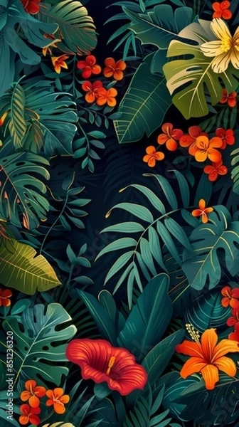 Fototapeta A colorful tropical forest scene with many flowers and leaves