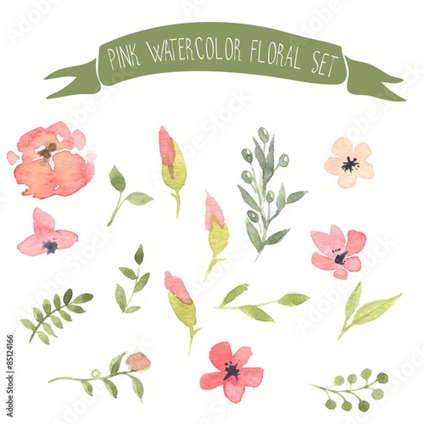 Obraz Pink watercolor vector floral set
