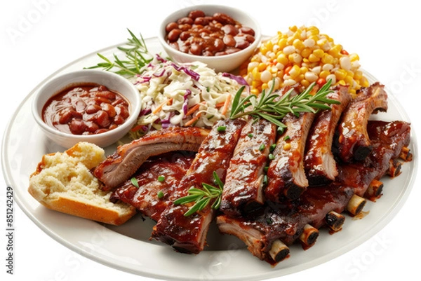 Obraz Close-up of pork ribs grilled until crispy and soft on the inside. Isolated on a white background