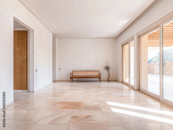 Fototapeta Empty designer modern living room filled with natural window lighting in a mix of warm and neutral colors. Real Estate interior design composition.