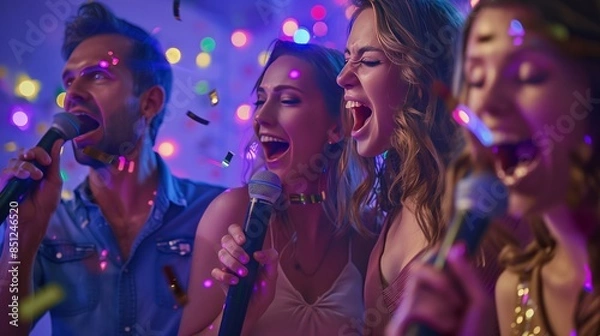 Obraz A lively New Year's Eve karaoke party where friends sing favorite songs, cheer, and make unforgettable memories.