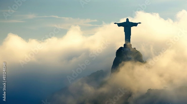 Obraz The christ of redeemer stnading in thic fog in Brazil, AI generative
