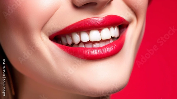 Obraz The perfect smile to show off cute dimple, white and clean teeth in red lips, AI generative