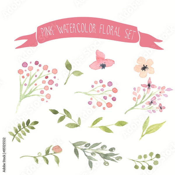 Obraz Pink watercolor vector floral set