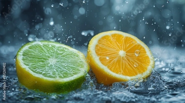 Fototapeta Lemon and Lime Slices in a Water Splash