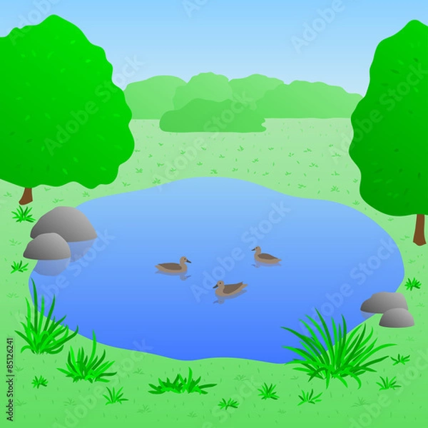 Obraz Lake with ducks, vector illustration