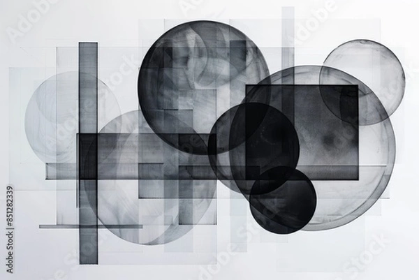 Fototapeta Minimalist abstract artwork featuring rhythmic repetition of circles and squares in monochromatic tones, creating a sense of harmony and balance.