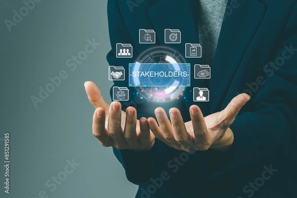 Fototapeta Stakeholders concept. Person touching stakeholders icon on virtual screen for business finance stakeholder investment management. Different stakeholders contact collaboration for company organization