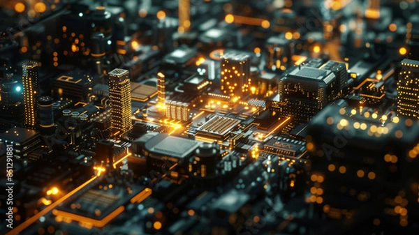 Fototapeta Close-up of intricate circuitry within IoT devices, highlighted by subtle, futuristic lighting effects