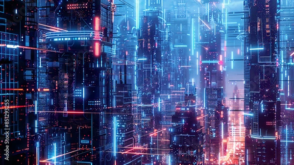 Obraz Futuristic cityscape with interconnected smart devices, glowing lines representing data flow, cyberpunk aesthetic, subtle blue lighting