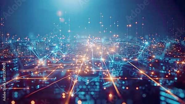 Fototapeta Telecommunication network overlaying city, 5G LTE and smart grid technology, IoT connections, global business and fintech, blockchain integration, high-tech, detailed