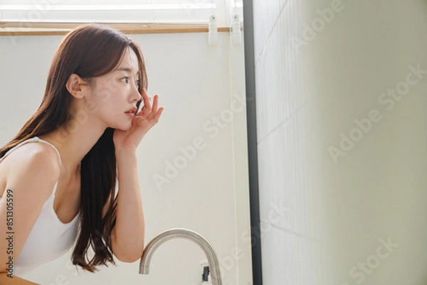 Fototapeta 鏡の前でスキンケアをする若いアジア人女性