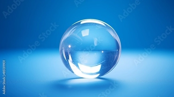 Fototapeta A Transparent Glass Sphere on a Blue Background Reflecting Light