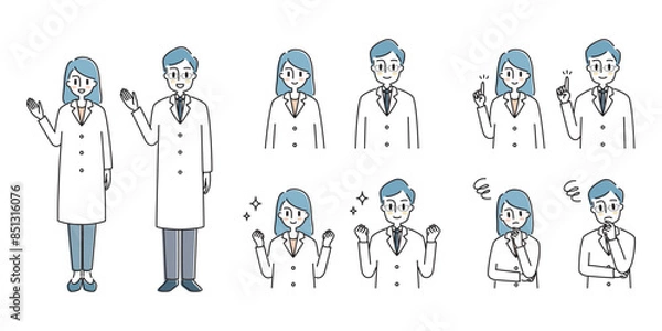 Obraz 白衣を着た男女のお医者さんポーズセット