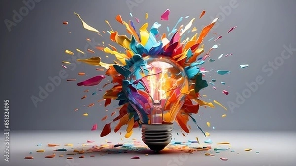 Fototapeta An inventive technique to create a colorful light bulb explosion using paint and shards. Concept, think in a new way. Innovation, business, and the development of new technologies