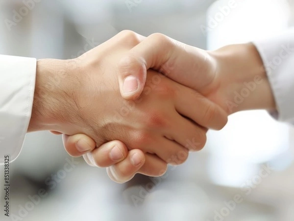 Fototapeta Close up of two hands shaking, symbolizing agreement, partnership, or a successful deal.