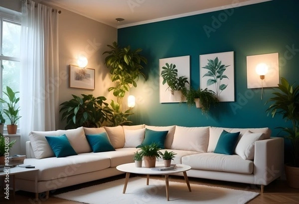 Fototapeta A cozy living room with a beige sofa, potted plants, and blank canvases on the wall. 3D render