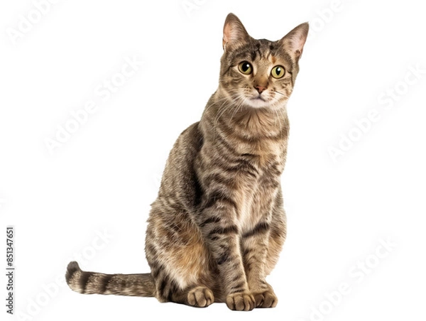 Fototapeta Full body shot of Aegean cat, sitting,  looking around curiously.