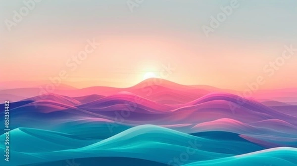 Fototapeta Serene futuristic digital landscape with smooth gradient hills at dusk, emphasizing tranquility and vibrant hues. Great for themes of calm and modern art