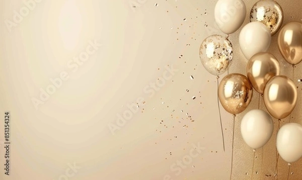 Fototapeta Gold balloons bunch on a pastel wall background