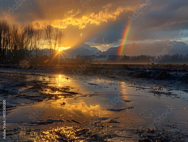 Obraz  a landscape during  sunset with rianbow, featuring a dirt road leading towards a large, bright, yellow tree with a reflection on the water.