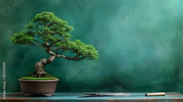 Fototapeta Bonsai Tree and Pruning Tools on Table
