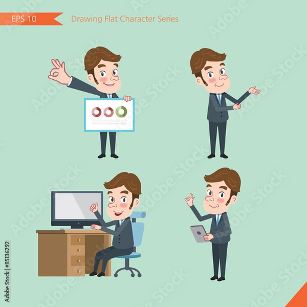 Fototapeta Set of drawing flat character style, business concept young office worker activities - presentation, chart, introducing, counsel
