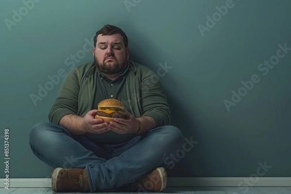 Fototapeta Man Sitting with Cheeseburger in Hand.