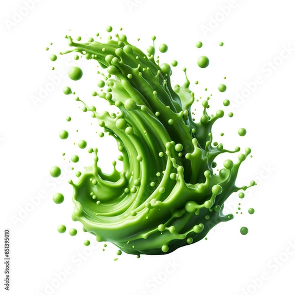 Fototapeta green juice liquid swirl splash with little foundation bubbles minimalist isolated on white background PNG
