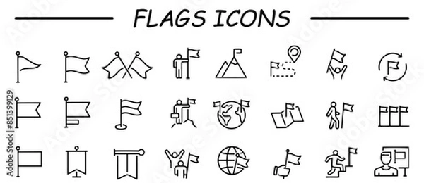 Obraz Flag related icons: thin vector icon set, black and white kit. Contains such Icons as Achievement, Victory, Map with a Flag and more