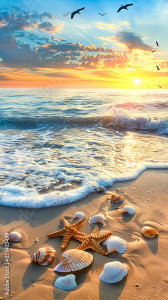 Fototapeta Starfish and shells on the beach at sunset.