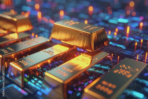 Fototapeta Gold bars stack on rate product life cycle stages with graphical data.